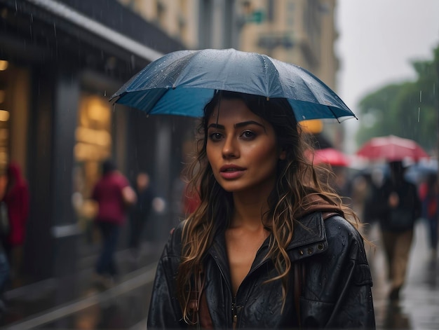 una donna con un ombrello sotto la pioggia in una strada cittadina sotto la pioggia