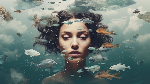 una donna con un pesce nei capelli sta nuotando sotto un cielo blu con le parole " pesce ".