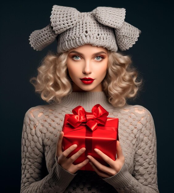 una donna con un regalo che indossa un cappello di Babbo Natale