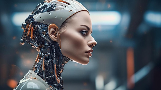 una donna con un robot sulla parte posteriore della testa