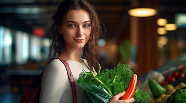 Una donna con un sacchetto di verdure in un negozio di alimentari