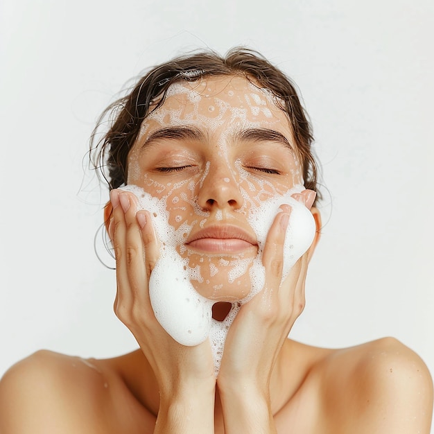 una donna con un sacco di crema sulla faccia