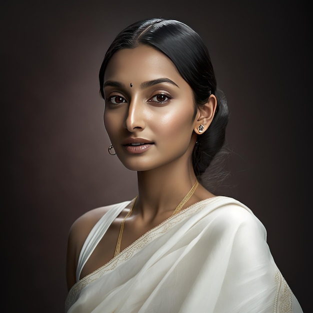 Una donna con un sari bianco sta posando per una foto.