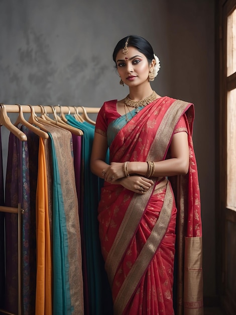 Una donna con un sari è in piedi e modella con un supporto per i vestiti dietro di lei