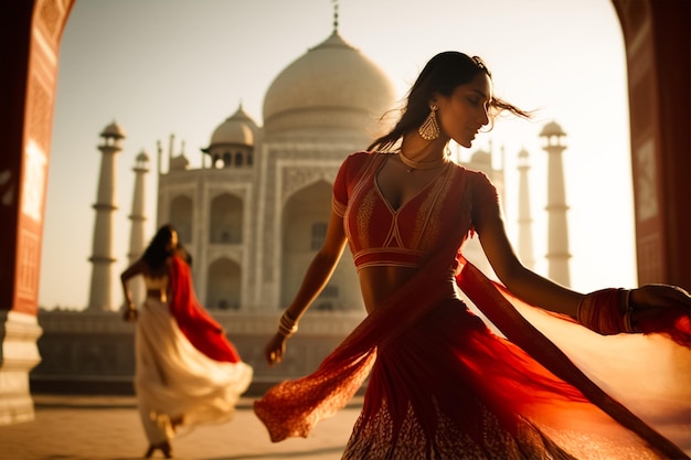 Una donna con un sari rosso balla davanti a un taj mahal.