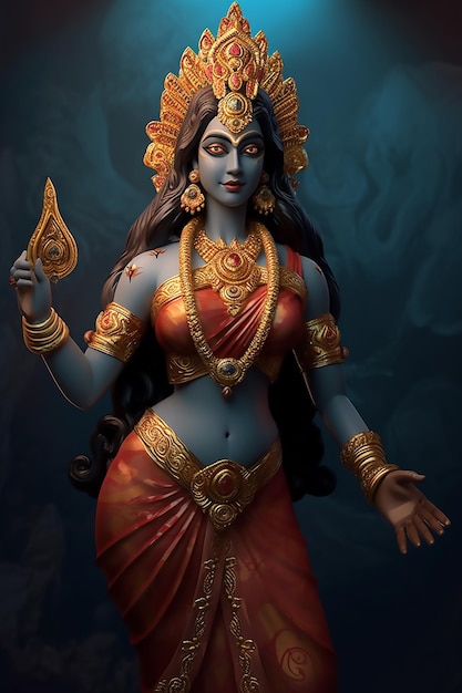 Una donna con un sari rosso con una corona d'oro e la parola mahabharata in alto.