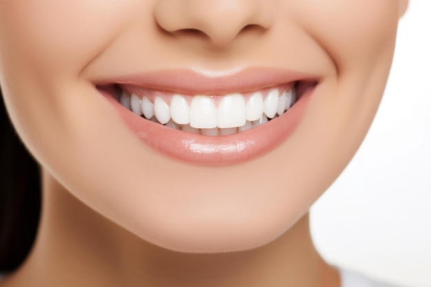 Una donna con un sorriso abbagliante che mostra i suoi denti bianchi luccicanti da vicino