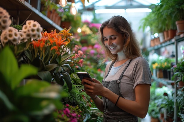 Una donna con un sorriso è in piedi in un negozio di fiori Generative Ai