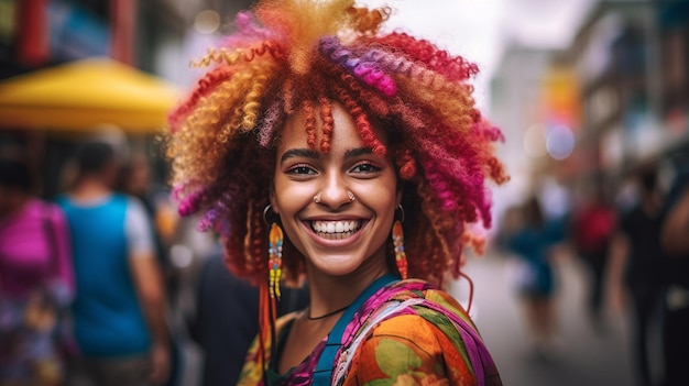 Una donna con un sorriso gioioso che indossa un abito colorato Immagine di intelligenza artificiale generativa