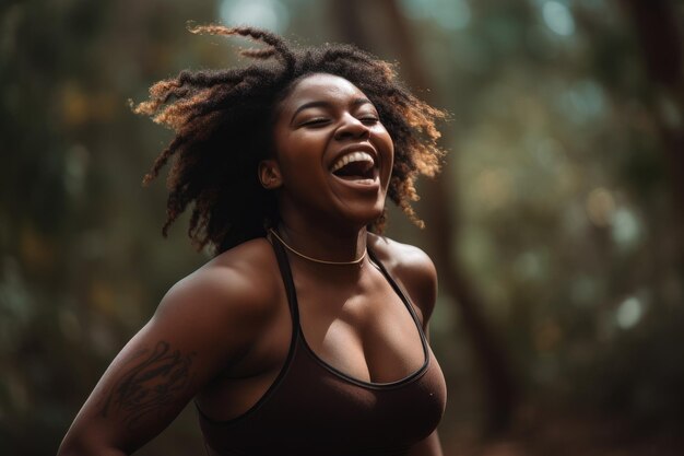 Una donna con un sorriso sul volto sta ridendo.