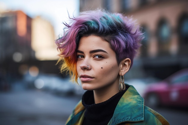 Una donna con un taglio di capelli arcobaleno si trova di fronte a una strada cittadina