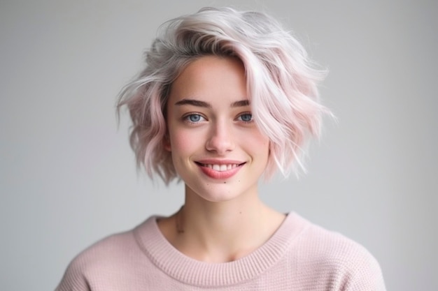 Una donna con un taglio di capelli corto e biondo con un maglione rosa
