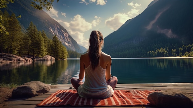 Una donna con un tappetino da yoga che si rilassa dal parco alle montagne generate dall'AI