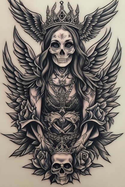 una donna con un tatuaggio di un cranio e delle ali