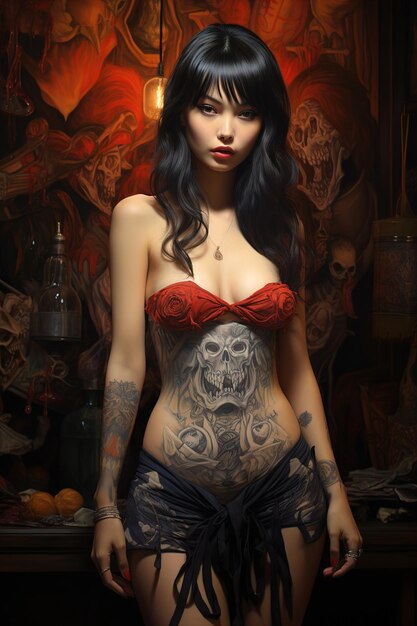 una donna con un tatuaggio sul corpo coperta di sangue.
