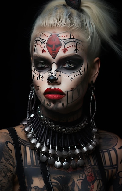 una donna con un tatuaggio sulla faccia e le parole trucco sulla faccia