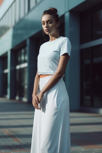 Una donna con un top bianco e una gonna bianca si trova di fronte a un edificio.