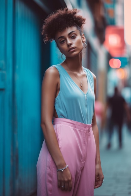 Una donna con un top blu e una gonna rosa si trova in strada.