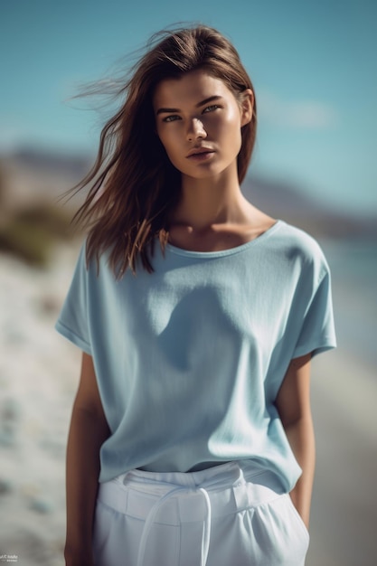 Una donna con un top blu si siede su una spiaggia