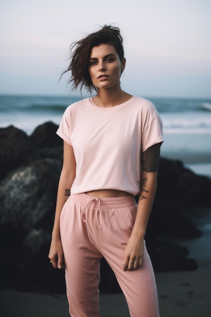 Una donna con un top rosa si trova su una spiaggia con indosso una camicia e pantaloni rosa.