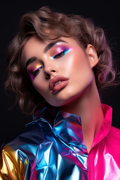 Una donna con un trucco luminoso e una camicia arcobaleno brillante