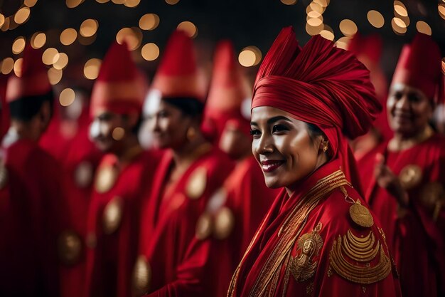 Una donna con un turbante rosso si trova di fronte a un gruppo di persone che indossano abiti rossi e un cappello rosso.