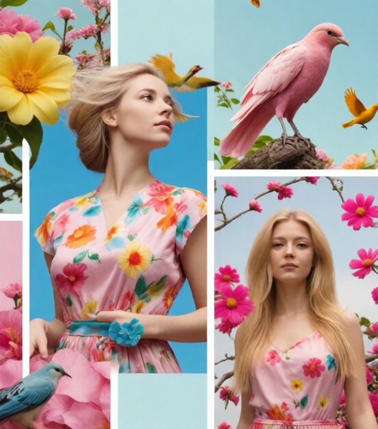 una donna con un uccello sul suo vestito sta posando per una foto