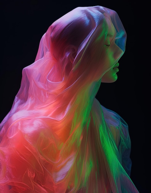 una donna con un velo sulla testa è coperta da una luce colorata.