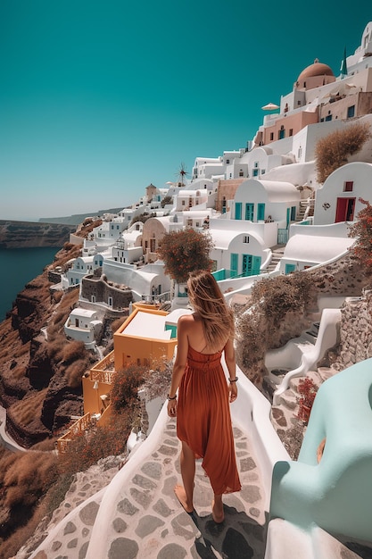 Una donna con un vestito arancione si trova su una scogliera che domina un edificio bianco con finestre blu e un cielo blu.