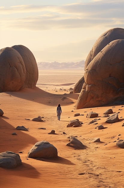 Una donna con un vestito bianco cammina da sola attraverso il deserto con grandi massi e dune di sabbia morbida