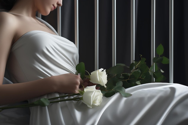 una donna con un vestito bianco con una rosa bianca in mano mese di consapevolezza sulla gravidanza e la perdita del bambino