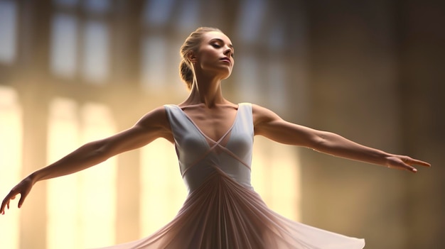 una donna con un vestito bianco sta ballando davanti a una luce solare