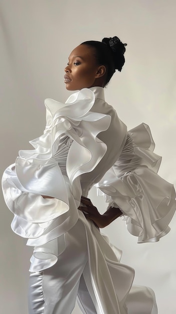 Una donna con un vestito bianco sta posando per una foto