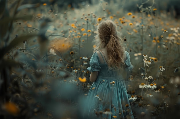 Una donna con un vestito blu che cammina attraverso un campo di fiori