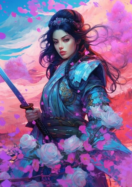 una donna con un vestito blu che tiene una spada davanti a un cielo rosa generativo ai