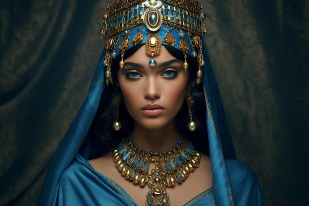 Una donna con un vestito blu e gioielli d'oro su di lei