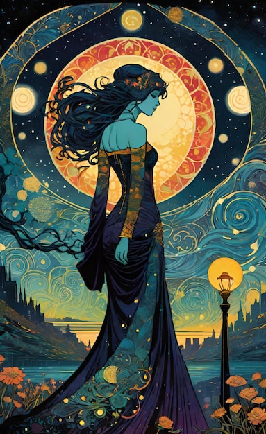una donna con un vestito blu è in piedi di fronte a una luna piena
