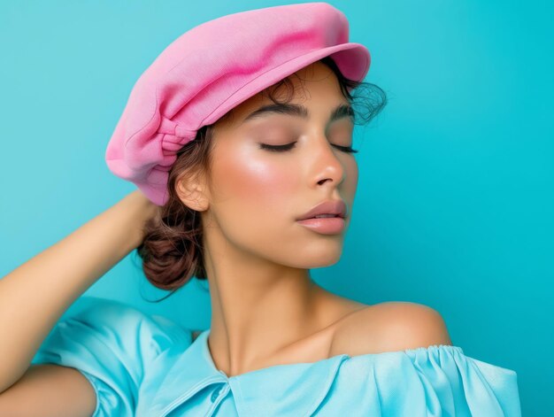 Una donna con un vestito blu e un cappello rosa