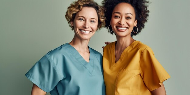 Una donna con un vestito blu e un top giallo sorride con le braccia attorno a lei.