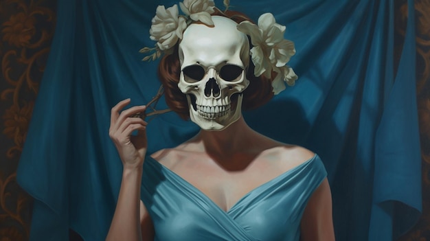 Una donna con un vestito blu e una maschera da teschio