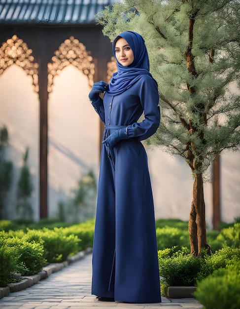 una donna con un vestito blu in piedi davanti a un albero