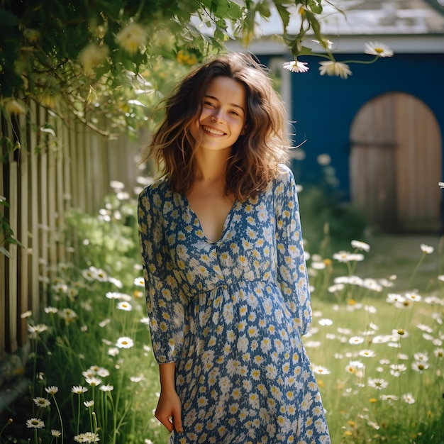 Una donna con un vestito blu in piedi in un giardino