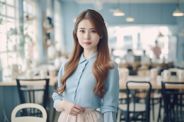Una donna con un vestito blu si trova in un ristorante