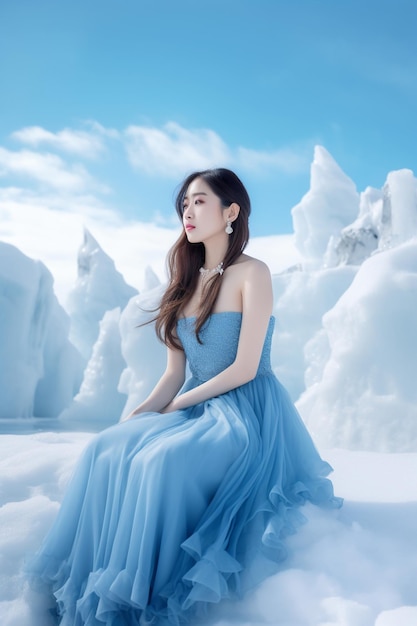 Una donna con un vestito blu siede nella neve