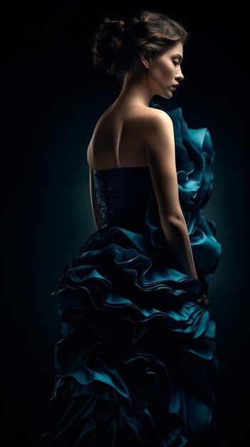 Una donna con un vestito blu sta al buio con la parola amore sul fondo.
