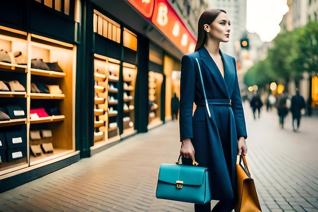Una donna con un vestito blu sta camminando per una strada con una borsa sulla spalla.