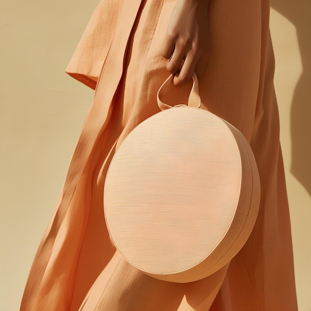 Una donna con un vestito che tiene una borsa rotonda in mano e una borsa nell'altra mano