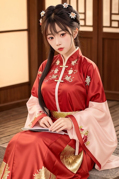 Una donna con un vestito cinese rosso si siede su una sedia con un libro in mano.