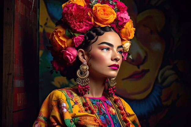 Una donna con un vestito colorato con dei fiori su di lei