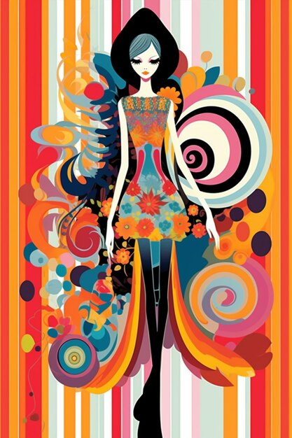 una donna con un vestito colorato con una grande farfalla sulla spalla generativa ai